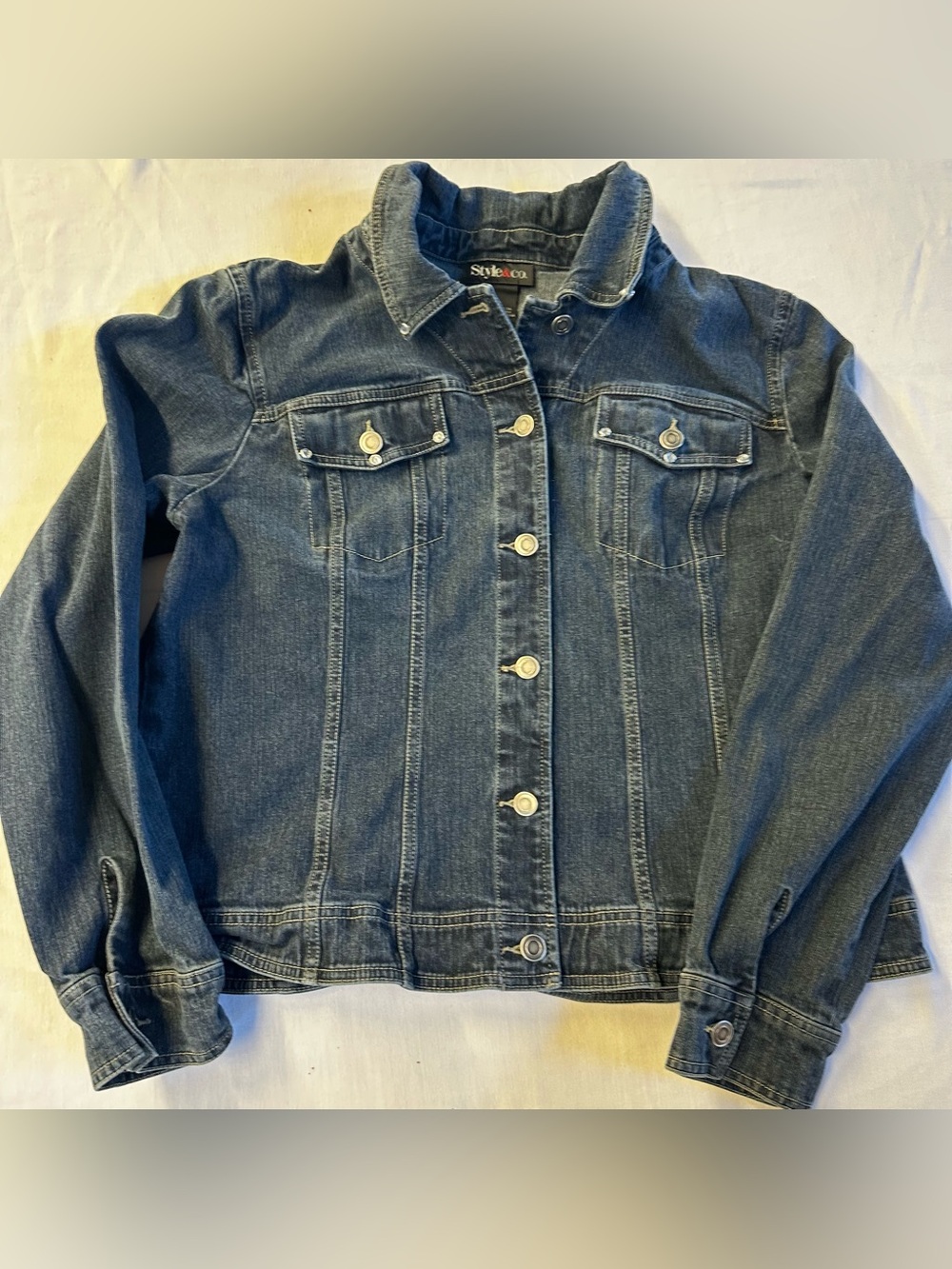 Style & Co Blue Denim Trucker Jacket Women's Size XL Rhinestone Accent Stretch